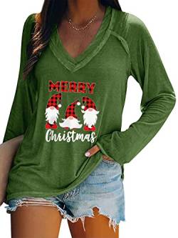 Dresswel Merry Christmas Pullover Damen Weihnachtspullover V-Ausschnitt Langarmshirt Lustige Zwerge Druck Weihnachten Shirt Elegant Oberteile Xmas Tops Lange Bluse von Dresswel