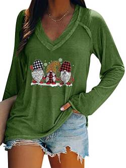 Dresswel Merry Christmas Pullover Damen Weihnachtspullover V-Ausschnitt Langarmshirt Lustige Zwerge Druck Weihnachten Shirt Elegant Oberteile Xmas Tops Lange Bluse von Dresswel