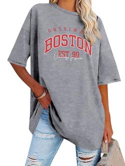 Dresswel Oversized T Shirt Damen Boston Brief drucken Vintage T-Shirt Kurzarm Rundhals Retro Tee Shirts Sommer Oberteile Lose Bluse Lang Tops für Teenager Mädchen von Dresswel