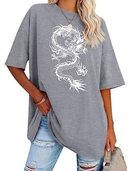 Dresswel Oversized Tshirt Damen Harajuku Vintage Drachen Aufdruck Rundhals Kurzarm übergroßes T Shirts Sommer Oberteile Streetwear Locker Tee Tops für Teenager Mädchen von Dresswel