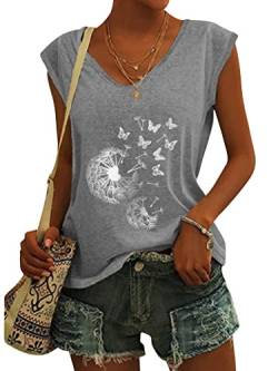 Dresswel T-Shirt Damen Sommer Kurzarm Oberteile Pusteblume Löwenzahn Drucken Tee Tops Casual V-Ausschnitt Loose Shirts Blusen von Dresswel