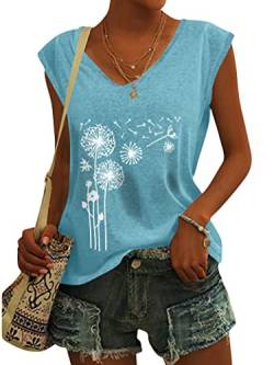 Dresswel T-Shirt Damen Sommer Kurzarm Oberteile Pusteblume Löwenzahn Drucken Tee Tops Casual V-Ausschnitt Loose Shirts Blusen von Dresswel