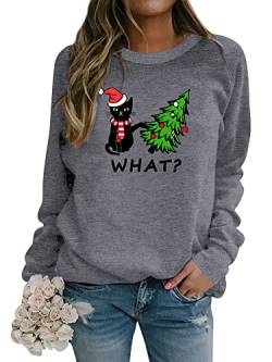 Dresswel Weihnachtspullover Damen Katzen Weihnachten Sweatshirt Lustige Druck Xmas Pullover Baumwolle Langarmshirt Christmas Oberteile von Dresswel