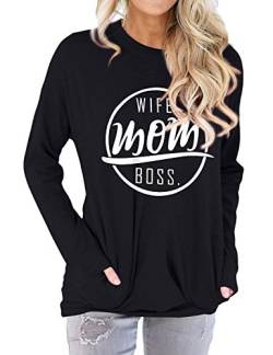 Dresswel Wife Mom Boss Shirt Damen Sweatshirt Pullover Langarmshirt Oberteile Bluse Tops mit Taschen von Dresswel
