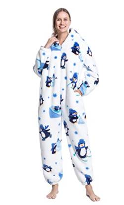 Dressylady Einteiliger Pyjama Homewear Nachtwäsche Einteiler Pyjama mit Tasche Unisex Erwachsene, pinguin, XL von Dressylady