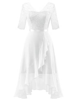 Dressystar Abendkleider Elegant für Hochzeit Damen V-Ausschnitt Spitze Chiffonkleid Festlich Hochzeit Brautkleid Vokuhila Kleid Weiß L von Dressystar