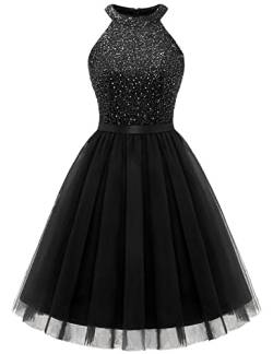 Dressystar Damen Ärmellos Cocktailkleid Kurz Elegant Pailletten Tüll Party Kleid Schwarz XS von Dressystar