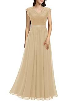 Dressystar Damen Abendkleid Lang Elegant für Hochzeit Spitze Chiffon Ballkleider Hochzeitskleider Maxikleid Spitzenkleid Champagner L von Dressystar