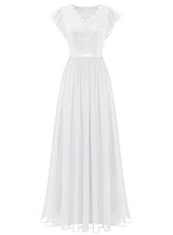 Dressystar Damen Abendkleider Elegant Hochzeit Floral Spitze Brautkleider Maxilang Chiffon Sommerkleid Weiß L von Dressystar