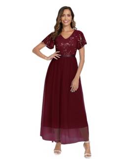 Dressystar Damen Elegant Abendkleid Pailletten Tüllkleid A-Linie Ballkleider Lang Partykleid Kurze Ärmel Burgunderrot XL von Dressystar