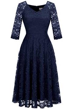 Dressystar Damen Elegant Cocktailkleid V-Ausschnitt Spitzenkleid Hochzeit Midi Brautjungfer Kleid Marineblau S von Dressystar