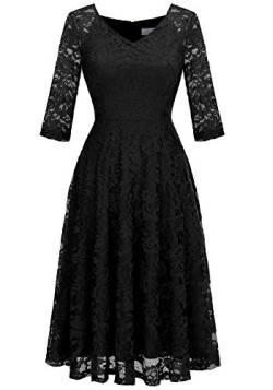 Dressystar Damen Elegant Spitzenkleid 3/4 Ärmel Party Midi Abschlusskleider Kurz Cocktailkleid Schwarz L von Dressystar