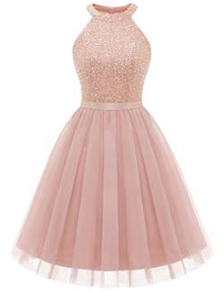 Dressystar Damen Elegant Tüllkleid Paillette Cocktailkleid Party Kleid Knielang Hochzeitsgast Ballkleid Blush XXL von Dressystar