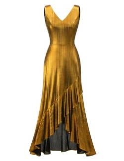 Dressystar Damen Glitzerkleid Elegant Abendkleider V-Ausschnitt Ballkleid mit Volant Festliches Partykleid Lang Golden L von Dressystar