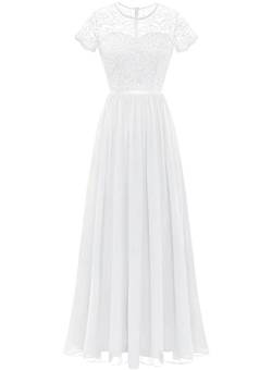 Dressystar Damen Hochzeitskleid Maxi Spitzenkleid Elegant Chiffon Partykleid Kurzarm Abendkleider Weiß XL von Dressystar