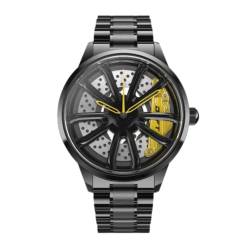 DriftElement Performance GT Felgenuhr Herren - Sportwagen Männer Armbanduhr im 3D Design - Custom Designer Uhr mit Mineralglas - Quarzuhr (Gelb) von DriftElement