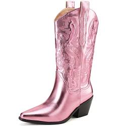 Dsevht Mid Calf Cowboystiefel für Frauen Runde spitze Zehen Cowgirl Stiefel Block Chunky Heel Westernstiefel, Metallic-pink, 39 EU von Dsevht