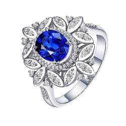 Dsnyu Engagement Ring Gold 18 Karat, Ringe Frauen Cluster Blume 4 Prong Labor Geschaffener Saphir 1.3ct Ovale Form Blau Eheringe Gr.57 (18.1) 750 Weißgold von Dsnyu