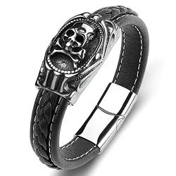 Dsnyu Leder Armband Paare, Schwarz Armband Paar Leder mit Magnet Verschluss, 16.5CM Schädel Armband Totenkopf für ihn von Dsnyu