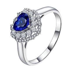 Dsnyu Verlobungsring Herz, Promise Ring Frau Cluster Blume Labor Geschaffener Saphir 0.5ct Blau Eheringe Größe 54 (17.2) 18 Karat Weißgold von Dsnyu