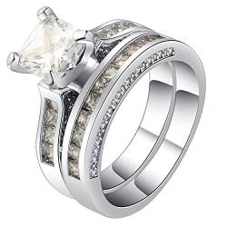 Engagement Ring for Women Silver, Ring Größe 60 Damen Weiß 2-Teiliges Ringset mit Quadratischem Zirkonia Versilbert Schmuck Komfort Fit von Dsnyu