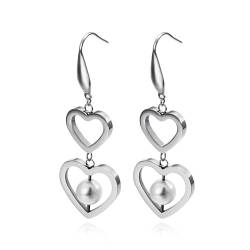 Ohrringe Hängend Silber, Earrings for Women Edelstahl Doppelherz mit Perle Damen Schmuck für Geburtstag von Dsnyu