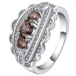 Ring Silber Damen mit Stein, Engagement Ring for Women Braun mit Rundem Zirkonia Versilbert Schmuck Größe 57 (18.1) Geburtstag Geschenk von Dsnyu