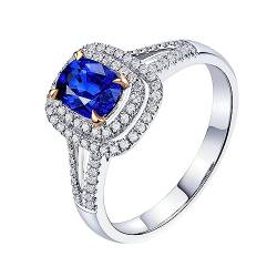 Verlobungsring 750, Ringe Frauen Vintage Halo 4 Prong Labor Geschaffener Saphir 1ct Ovale Form Blau Trauringe Gr.53 (16.9) 18 Karat Weißgold von Dsnyu