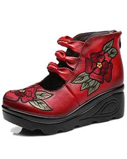Damen Leder Klassische Runde Zehen Plateau Wedges Mary Jane Pumps Schuhe, Stil 2 Rot, 40.5 EU von Duberess