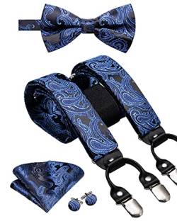 Dubulle Herren Clips Hosenträger und vorgebundene Fliege Set mit Einstecktuch Y-Form verstellbare Hosenträger, Schwarz-blaues Paisley von Dubulle