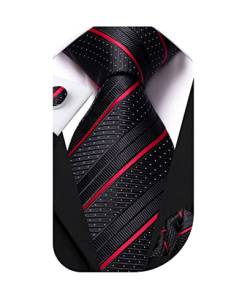 Dubulle Herren-Krawatten-Set, solide Paisleymuster, Seiden-Krawatte für Herren, mit Manschettenknöpfen Krawatte und Einstecktuch, Schwarz Rot gestreift, Medium von Dubulle