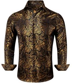 Dubulle Herrenhemd, Blumenmuster, Paisleymuster, Langarmhemden für Herren, lässig, Button-Down-Shirts, Hochzeit, formeller Anzug, Black Gold Paisley, Groß von Dubulle