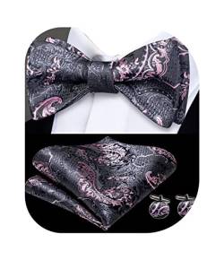 Dubulle Selbstbindende Fliegen für Herren, gewebte Herren-Fliegen und Einstecktuch, Manschettenknöpfe, Set für Hochzeit, Smoking, Grau Rosa Blume, Medium von Dubulle