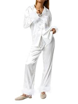 Damen Pyjama Set Feder Satin Langarm Button-Down Reverskragen Oberteile und Hose Nachtwäsche, weiß, 46 von Dubute