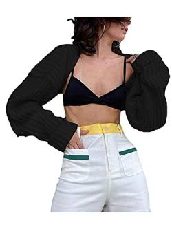 Damen Sexy Langarm Open Front Crop Cardigan Drop Shoulder Solide Oberbekleidung, Schwarz , One size von Dubute