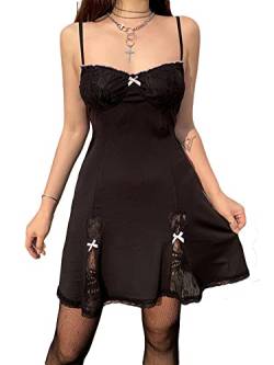 Damen Süßes Spitzenkleid Patchwork Cami-Kleid Spaghettiträger Fee Party Club Minikleider, Schwarz , Small von Dubute