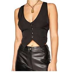 Damen Weste ärmellos Knopfleiste Slim Fit Cropped Anzugweste Y2K Gothic Streetwear, B-schwarz, 46 von Dubute