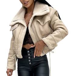 Dubute Damen-Jacke, Kunstleder, Sherpa-Fleece-gefüttert, Trucker-Jacke, Revers, kurzer Reißverschluss, Wildlederimitat, Motorrad-Oberbekleidung, Light Khaki, 36 von Dubute