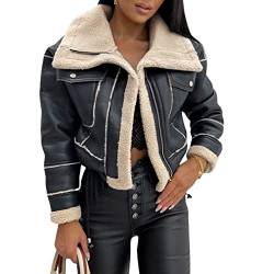 Dubute Damen-Jacke, Kunstleder, Sherpa-Fleece-gefüttert, Trucker-Jacke, Revers, kurzer Reißverschluss, Wildlederimitat, Motorrad-Oberbekleidung, Schwarz , 38 von Dubute