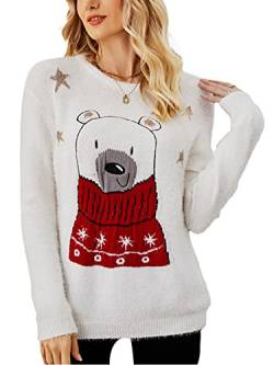 Dubute Damen Weihnachten Langarm Bestickter Bär Strickpullover Casual Pullover Jumper Tops, weiß, M von Dubute