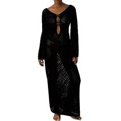 Dubute Frauen Häkeln Maxi Kleid Langarm V-Ausschnitt Rückenfrei Aushöhlen Maix Kleid Sexy Gestrickt Strand Cover Up Kleid Badeanzug, A-schwarz, Small von Dubute