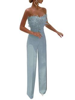 Eleganter Damen-Jumpsuit mit Federn, sexy, schulterfrei, trägerlos, Schlauch-Top, Dressy mit Gürtel, weite Beinhose, Strampler Clubwear, blau, M von Dubute