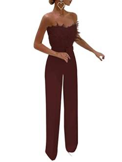 Eleganter Damen-Jumpsuit mit Federn, sexy, schulterfrei, trägerlos, Schlauch-Top, Dressy mit Gürtel, weite Beinhose, Strampler Clubwear, weinrot, S von Dubute