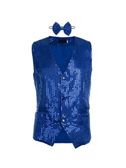 Glänzende Pailletten-Anzugweste für Herren, V-Ausschnitt, einfarbig, Glitzer-Weste mit Fliege, für Party, Club, blau, XL von Dubute