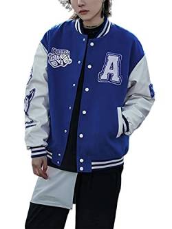 Varsity Baseballjacken, Buchstaben-Druck, Farbblock, übergroße Retro-Jacke, Unisex, College, Sweatjacke für Herren und Damen, blau, M von Dubute