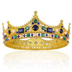 Duendhd Goldkönigskrone für Herren – Barock-Vintage-Strass-Kristallkrone, volle Krone für Theater, Abschlussball, Party von Duendhd