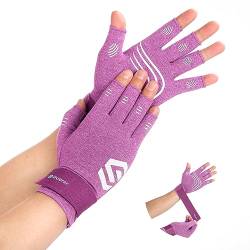 Duerer Arthritis-Kompressionshandschuhe mit Riemen, Damen Herren für RSI, Karpaltunnel, Rheuma, Sehnenscheidenentzündung, Handschmerzen, Handstütze. Fingerlose Handschuhe für Computer (Lila, L) von Duerer