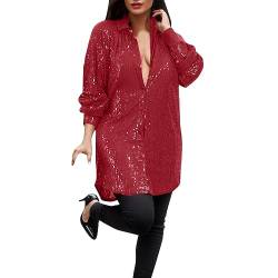 Duohropke Damen Pailletten Sparkle Tops Glitzer Langarm Party Shirt Lose Lässige Bluse Tunika Kragen Dressy Tops T Shirt von Duohropke