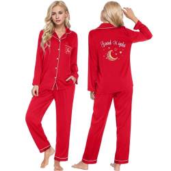 Duohropke Damen Pyjama Satin Schlafanzug Set,Damen Seidensatin Pyjama Set 2Pcs Langarmhose Chinesischer Stil Neujahr Drachendruck Nachtwäsche Herren Paar Pyjama Loungewear von Duohropke