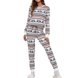 Duohropke Damen Schlafanzug Lang Pyjama Set Zweiteiliger Baumwolle Nachtwäsche Langarm Hausanzug und Hose mit Bündchen Sleepwear für Frauen von Duohropke